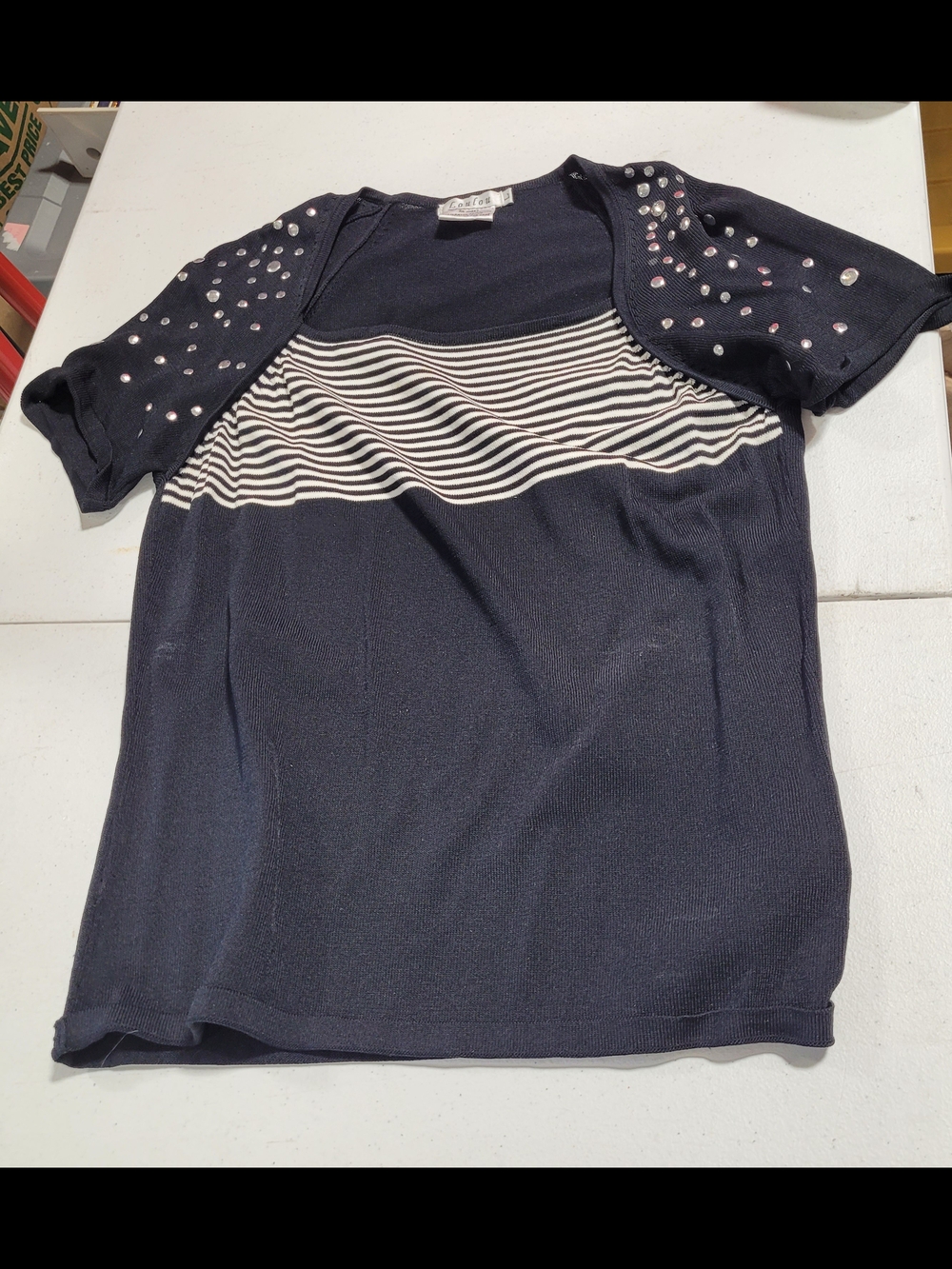 Loulou Studio Navy Short Sleeve Tee with Rhinestone-Studded Shoulders